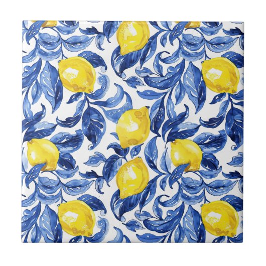 Blue Watercolor Lemon Pattern  タイル (正面)