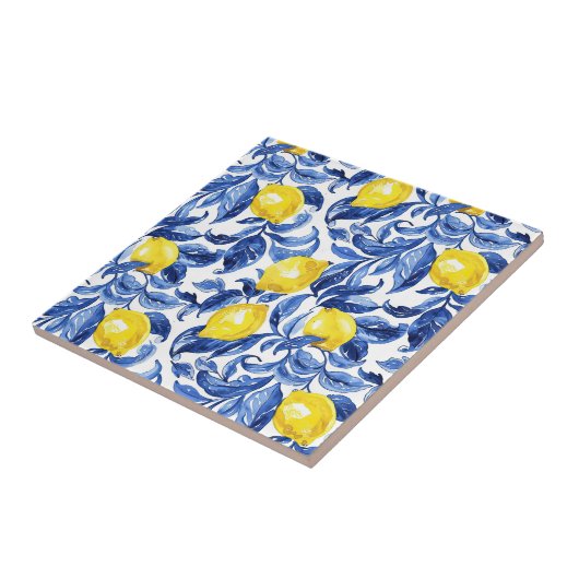 Blue Watercolor Lemon Pattern  タイル (側面)