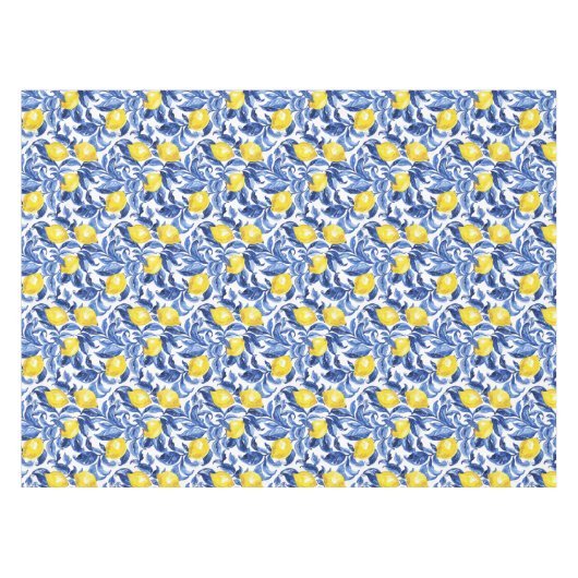 Blue Watercolor Lemon Pattern  テーブルクロス (正面(横))