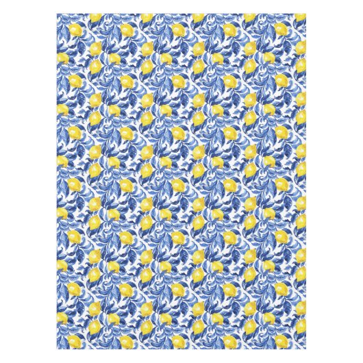 Blue Watercolor Lemon Pattern  テーブルクロス (正面)