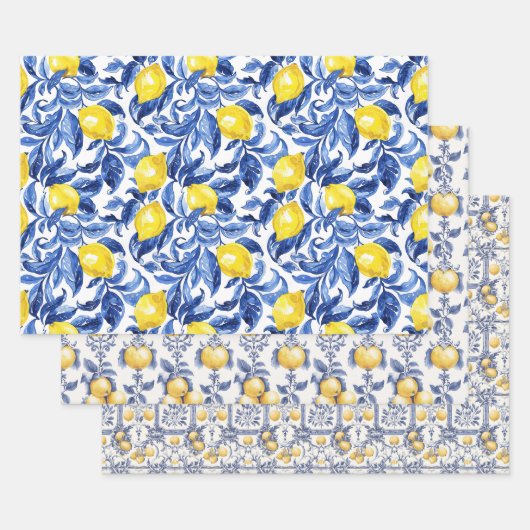 Blue Watercolor Lemon Pattern  ラッピングペーパーシート (セット)
