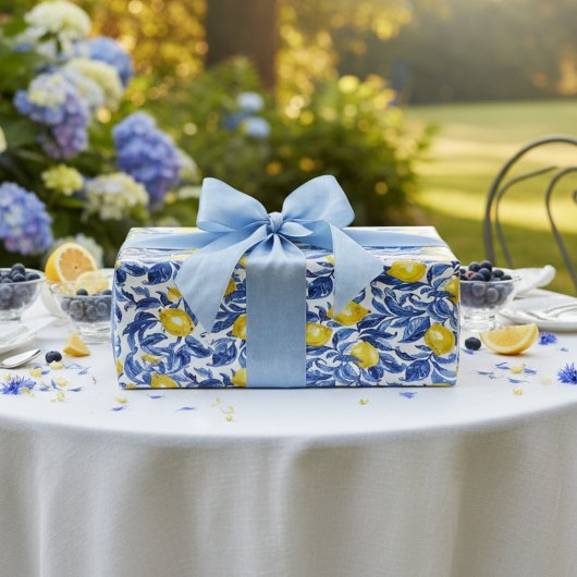 Blue Watercolor Lemon Pattern ラッピングペーパー