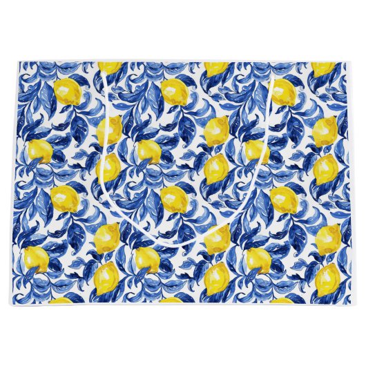 Blue Watercolor Lemon Pattern ラージペーパーバッグ (正面)