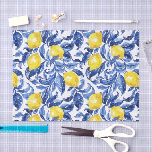 Blue Watercolor Lemon Pattern  薄葉紙 (クラフト)