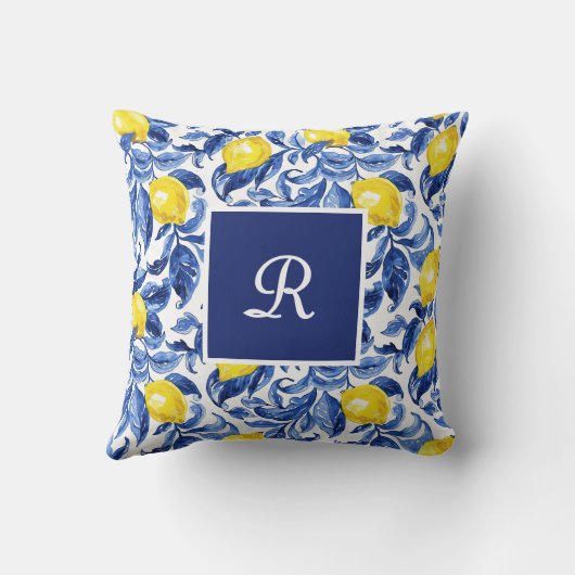 Blue Watercolor Lemon Pattern Monogram クッション (裏面)
