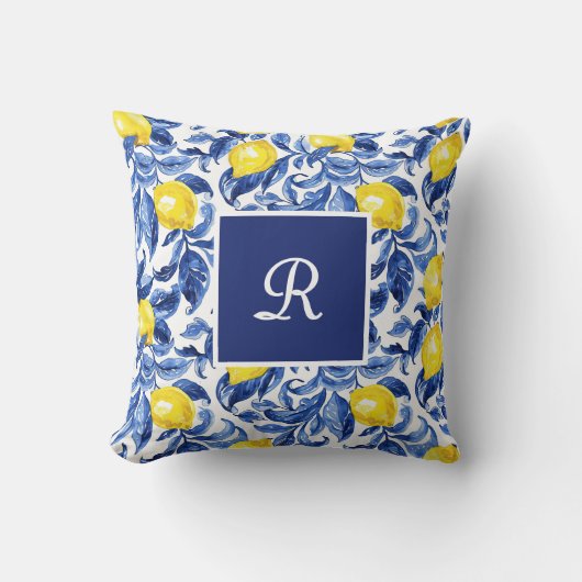 Blue Watercolor Lemon Pattern Monogram クッション (正面)