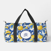 Blue Watercolor Lemon Pattern Monogram ダッフルバッグ (正面)