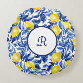 Blue Watercolor Lemon Pattern Monogram ラウンドクッション (正面)