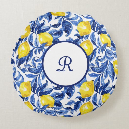 Blue Watercolor Lemon Pattern Monogram ラウンドクッション (正面)