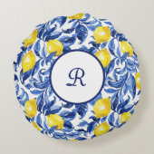 Blue Watercolor Lemon Pattern Monogram ラウンドクッション (裏面)