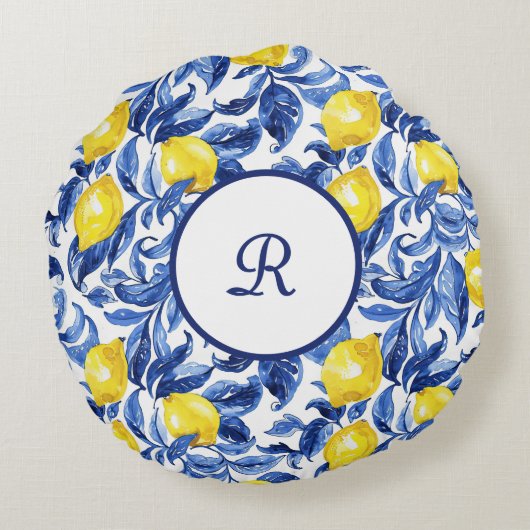 Blue Watercolor Lemon Pattern Monogram ラウンドクッション (裏面)