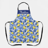 Blue Watercolor Lemon Pattern Monogram Name エプロン (正面)