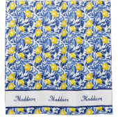 Blue Watercolor Lemon Pattern Monogram Name シャワーカーテン (正面)
