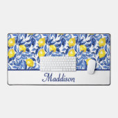 Blue Watercolor Lemon Pattern Monogram Name デスクマット (キーボード&マウス)