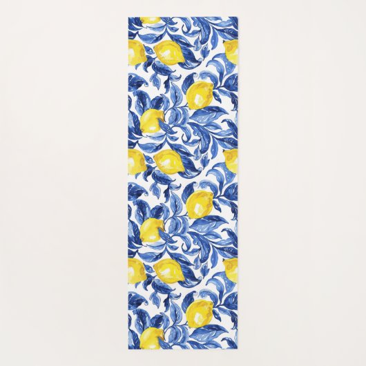 Blue Watercolor Lemon Pattern Monogram Name ヨガマット (裏面)