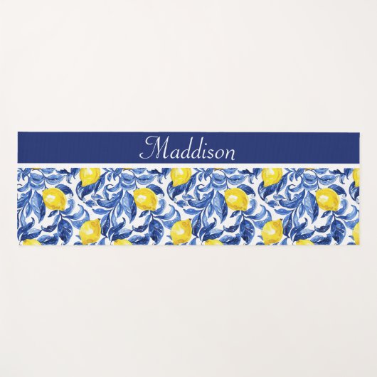 Blue Watercolor Lemon Pattern Monogram Name ヨガマット (正面(横))