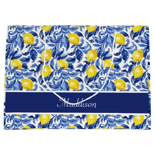 Blue Watercolor Lemon Pattern Monogram Name ラージペーパーバッグ (正面)