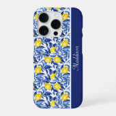 Blue Watercolor Lemon Pattern Monogram Name iPhoneケース (裏面)