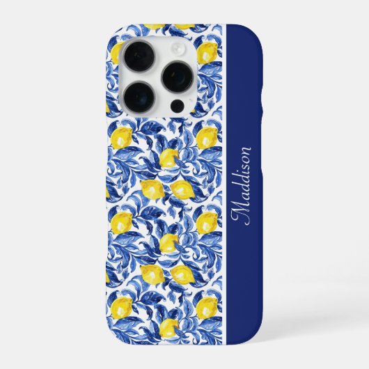 Blue Watercolor Lemon Pattern Monogram Name iPhoneケース (裏面)