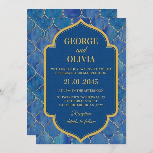 Blue Watercolor Moroccan Pattern Wedding 招待状 (正面/裏面)