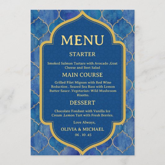 Blue Watercolor Moroccan Wedding Menu メニュー (正面)
