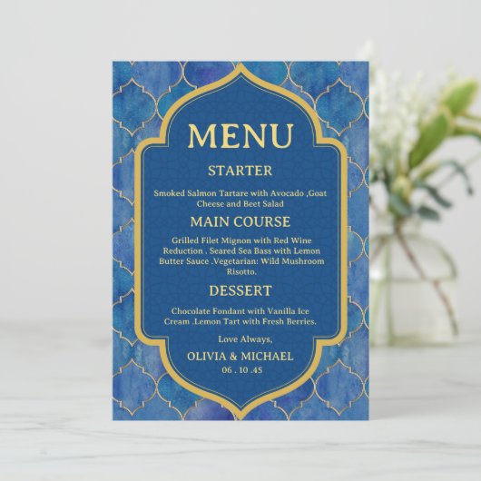Blue Watercolor Moroccan Wedding Menu メニュー (スタンド正面)