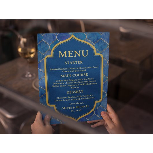 Blue Watercolor Moroccan Wedding Menu メニュー