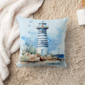 Blue Watercolor Nautical Lighthouse Throw Pillow クッション (ブランケット)