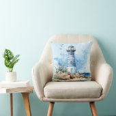Blue Watercolor Nautical Lighthouse Throw Pillow クッション (椅子)