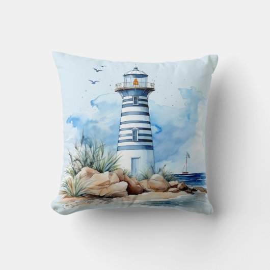 Blue Watercolor Nautical Lighthouse Throw Pillow クッション (正面)