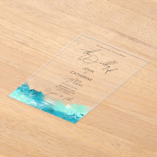 Blue Watercolor Ocean Acrylic Wedding Invitation アクリル招待状 (レイダウン)