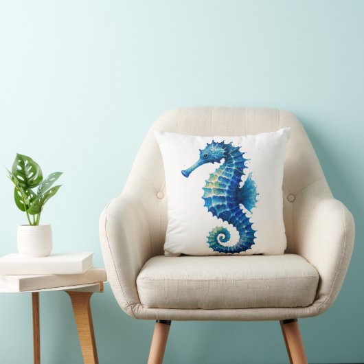 Blue Watercolor Seahorse Throw Pillow クッション (椅子)
