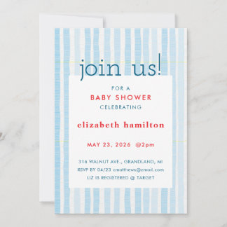 Blue Watercolor Stripes Baby Shower Invitation 招待状