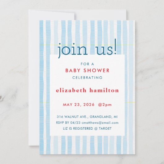Blue Watercolor Stripes Baby Shower Invitation 招待状 (正面)