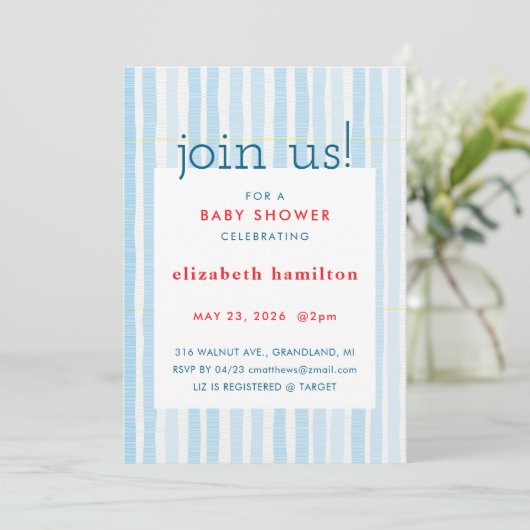 Blue Watercolor Stripes Baby Shower Invitation 招待状 (スタンド正面)