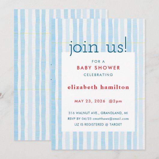 Blue Watercolor Stripes Baby Shower Invitation 招待状 (正面/裏面)