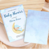 Blue Watercolor Teddy Bear on Moon Baby Shower 招待状
