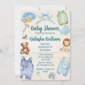 Blue Watercolor Toys & Clothes Baby Shower 招待状 (正面)