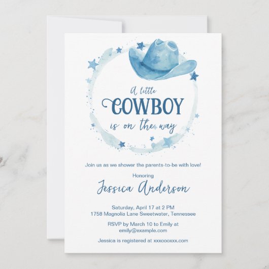Blue Watercolor Western Cowboy Hat Baby Shower  招待状 (正面)