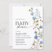 Blue Watercolor Wildflower Baby Shower 招待状 (正面)