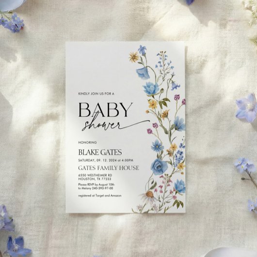 Blue Watercolor Wildflower Baby Shower 招待状