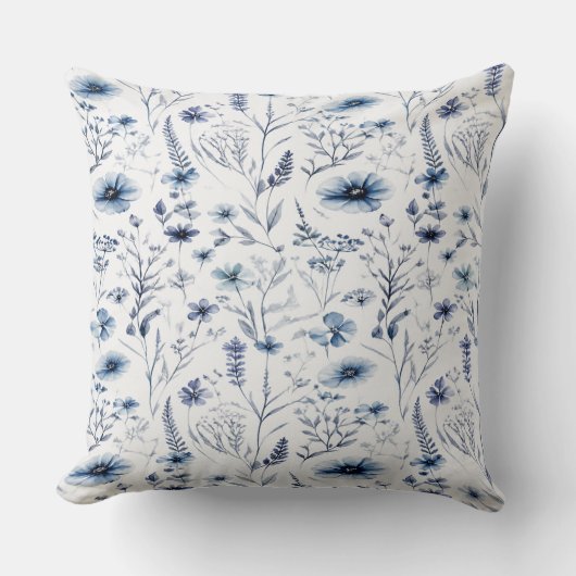 Blue Watercolor Wildflower Botanical Throw Pillow クッション (正面)