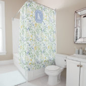 Blue Watercolor Wildflower Custom Initial シャワーカーテン (インサイチュ)