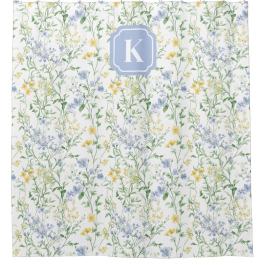 Blue Watercolor Wildflower Custom Initial シャワーカーテン (正面)
