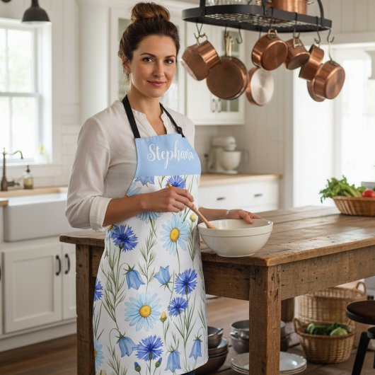 Blue Watercolor Wildflower Custom Name エプロン