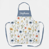 Blue Watercolor Wildflower Custom Name エプロン (正面)