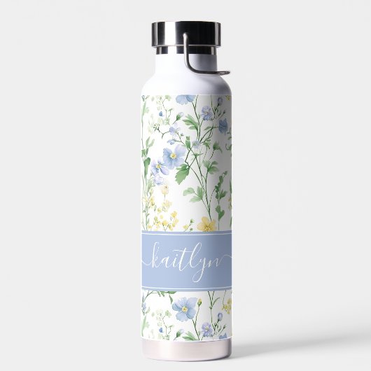 Blue Watercolor Wildflower Monogram ウォーターボトル (左面)