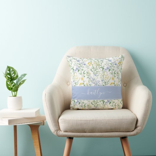 Blue Watercolor Wildflower Monogram クッション (椅子)