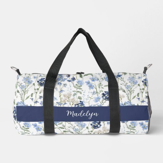 Blue Watercolor Wildflower Monogram ダッフルバッグ (正面)