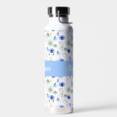 Blue Watercolor Wildflower Monogram Name ウォーターボトル (左面)